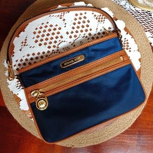 New Michael Kors Nylon Wristlet Navy Blue/Tan Leather Trim Gold Accent 7.5"X6.5"